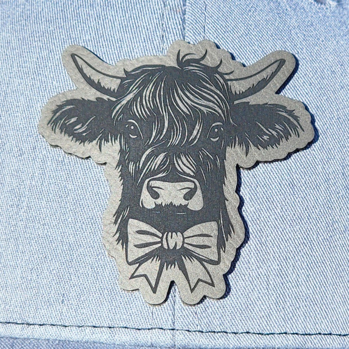 Highland Cow Bowtie Grey Engraved Leatherette Hat Patch - MR01 - LoneStar Adhesive