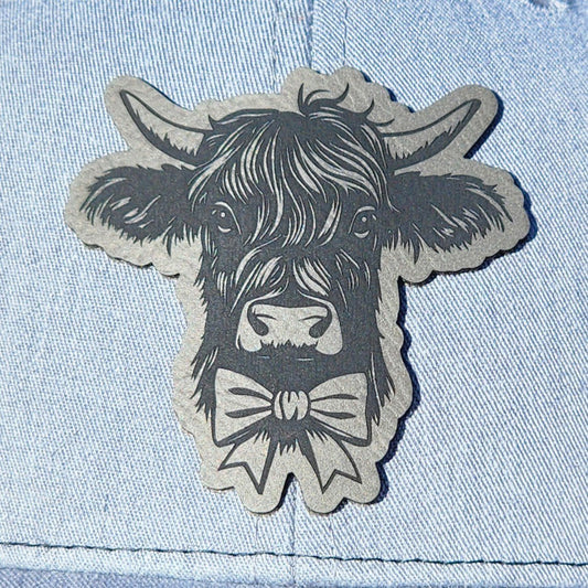 Highland Cow Bowtie Grey Engraved Leatherette Hat Patch - MR01 - LoneStar Adhesive