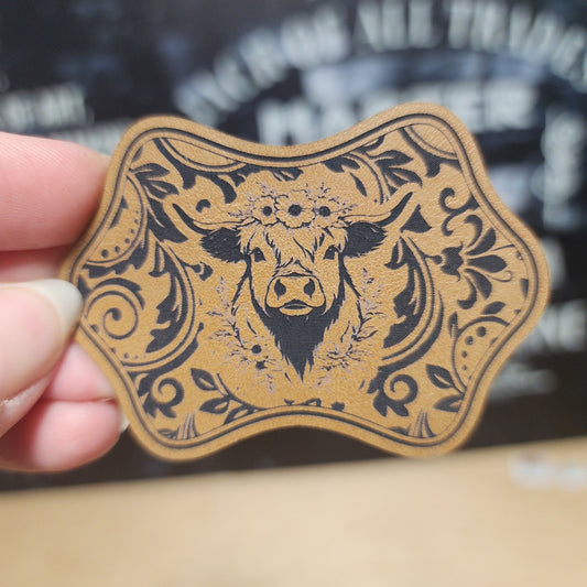 Highland Cow Tooled Floral (Saddle Tan) Engraved Leatherette Hat Patch - MR01 - LoneStar Adhesive