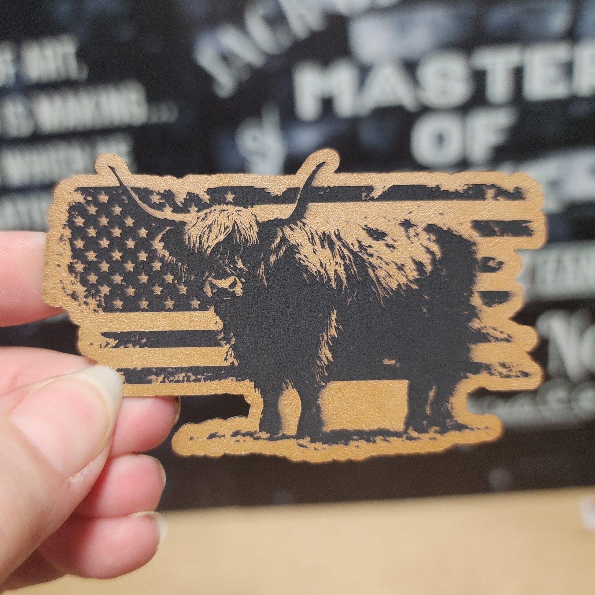 Highland Cow with American Flag (Saddle Tan) Engraved Leatherette Hat Patch - MR01 - LoneStar Adhesive