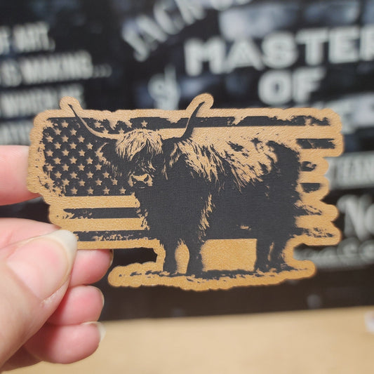Highland Cow with American Flag (Saddle Tan) Engraved Leatherette Hat Patch - MR01 - LoneStar Adhesive