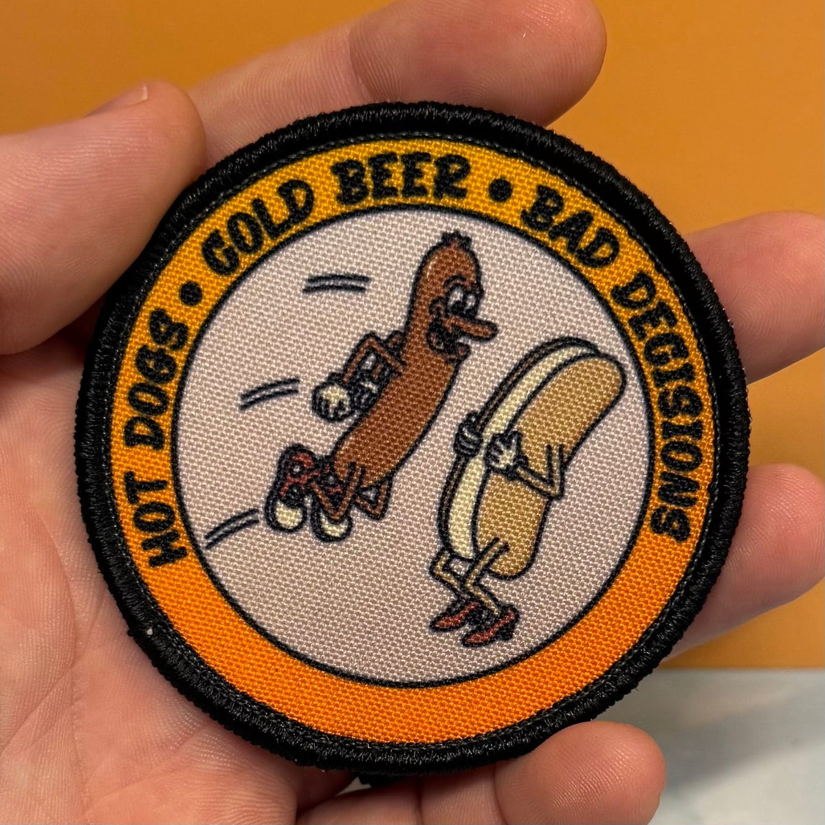 Hot Dogs, Cold Beer and Bad Decisions Funny Printed Morale Patch, 3" Round | VELCRO® Brand Hook Backing - #LoneStar Adhesive#
