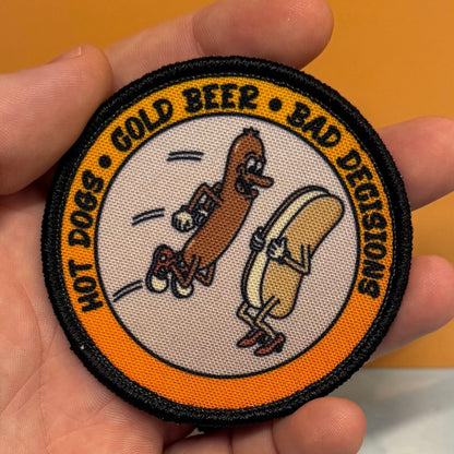 Hot Dogs, Cold Beer and Bad Decisions Funny Printed Morale Patch, 3" Round | VELCRO® Brand Hook Backing - #LoneStar Adhesive#