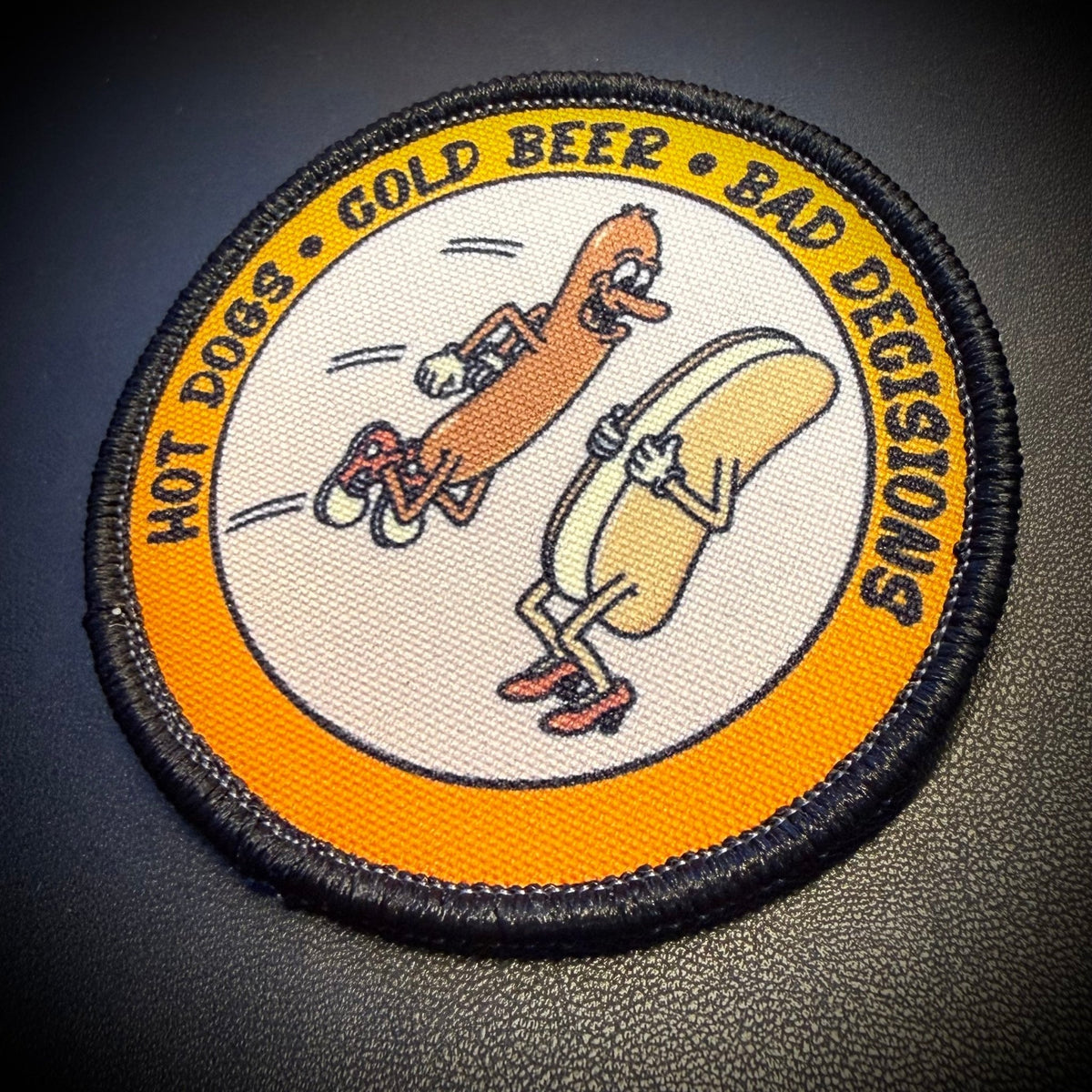Hot Dogs, Cold Beer and Bad Decisions Funny Printed Morale Patch, 3" Round | VELCRO® Brand Hook Backing - #LoneStar Adhesive#