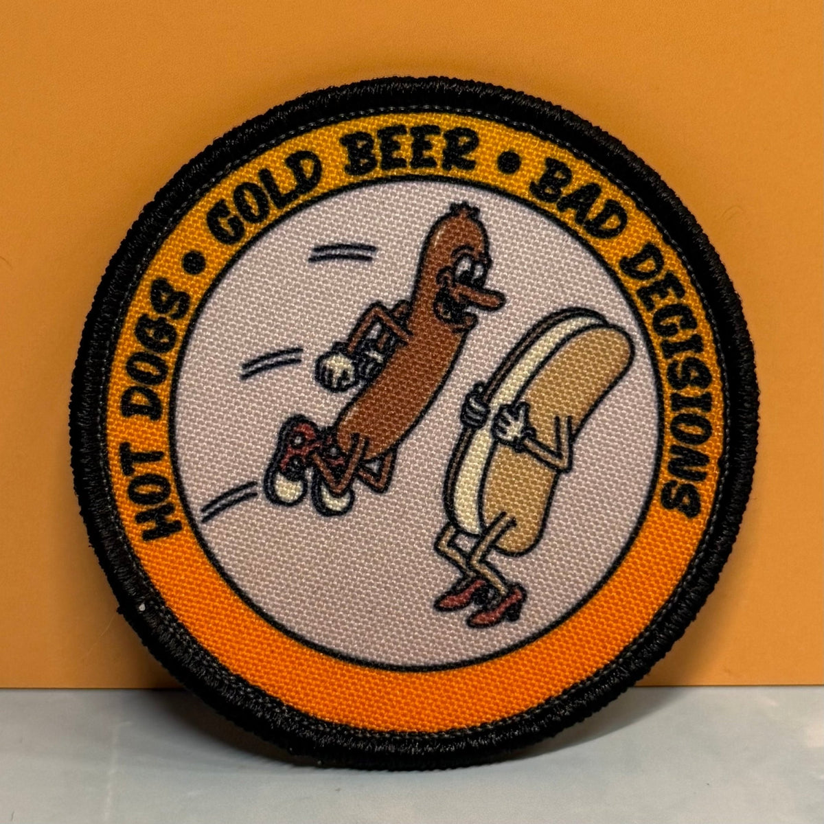 Hot Dogs, Cold Beer and Bad Decisions Funny Printed Morale Patch, 3" Round | VELCRO® Brand Hook Backing - #LoneStar Adhesive#