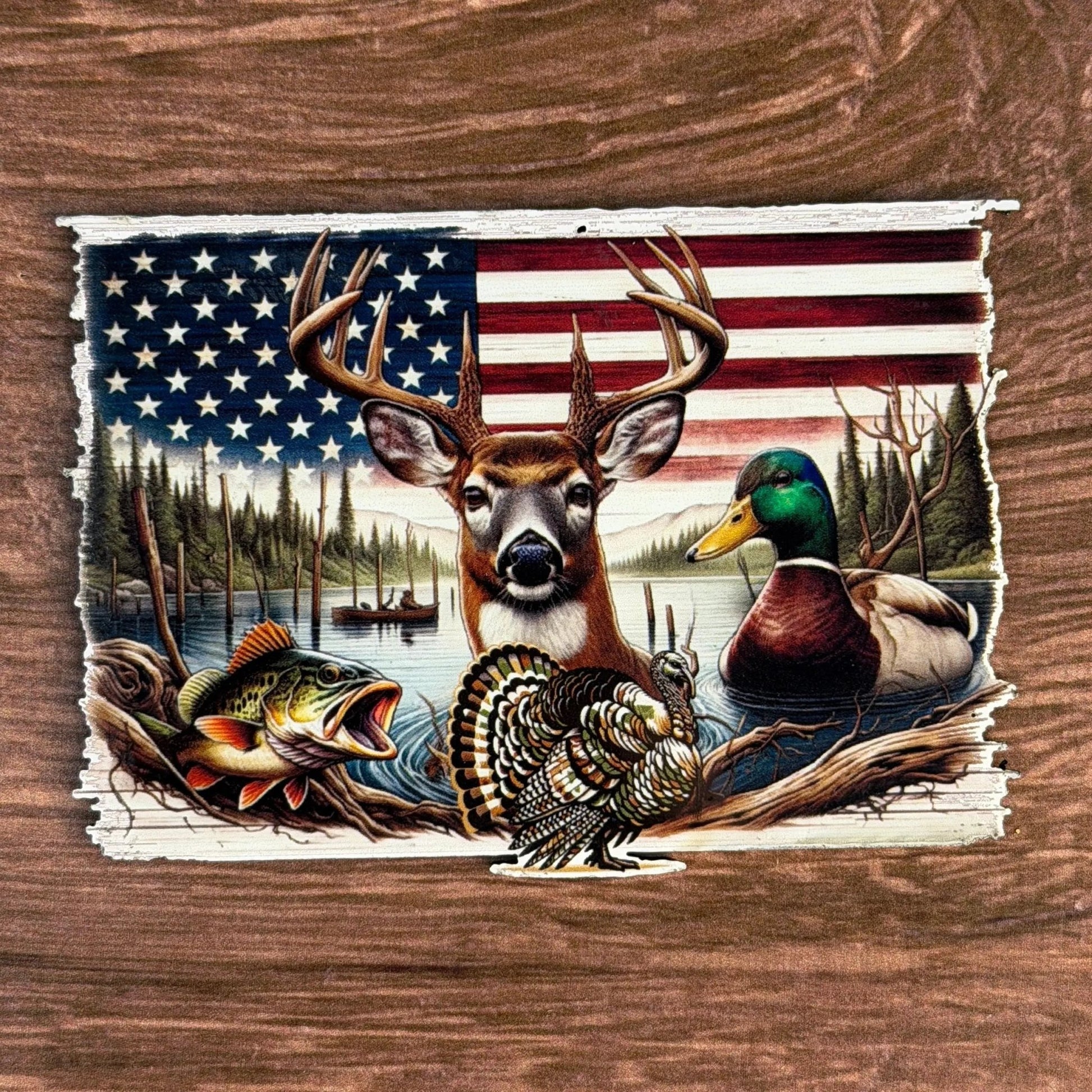 Hunting & Fishing Flag | UV Printed Leather Hat Patch - LoneStar Adhesive