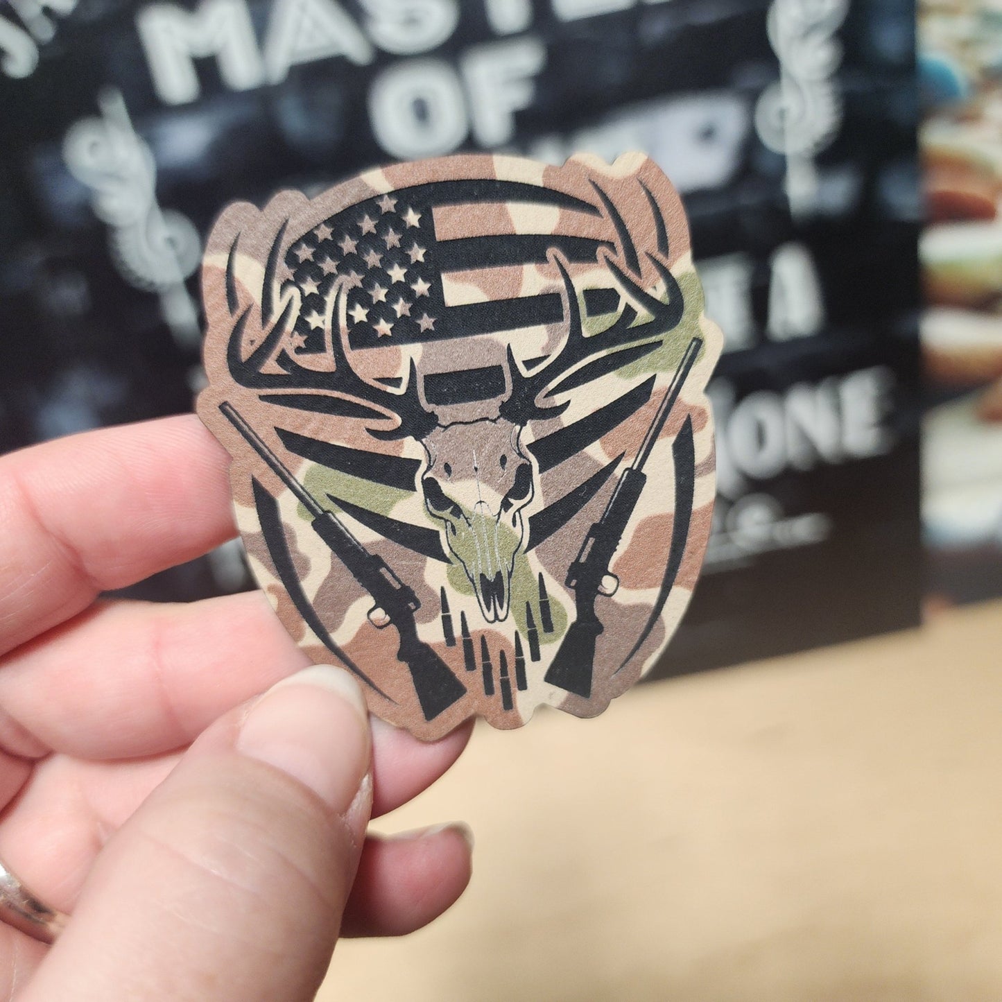 Hunting Skull with American Flag (Fowl Play Camo) Engraved Leatherette Hat Patch - MR01 - LoneStar Adhesive