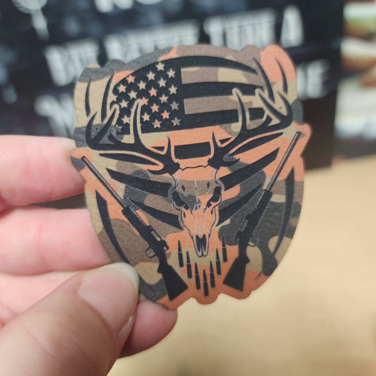 Hunting Skull with American Flag (Orange Camo) Engraved Leatherette Hat Patch - MR01 - LoneStar Adhesive