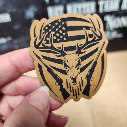 Hunting Skull with American Flag (Saddle Tan) Engraved Leatherette Hat Patch - MR01 - LoneStar Adhesive