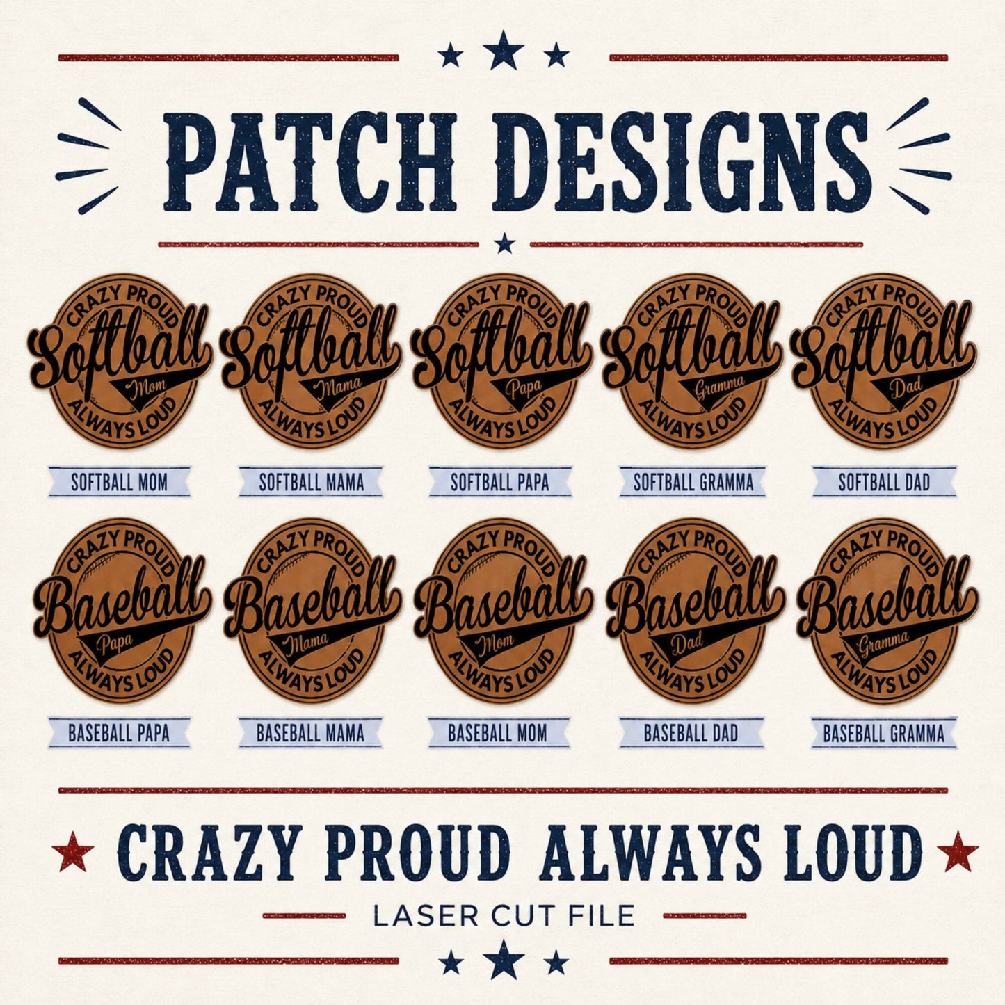 Baseball Softball Patch SVG Bundle, Crazy Proud Always Loud Hat Patch Files, Mom Dad Mama Papa Grandma, Laser Ready SVG XS PNG PDF Digital Download