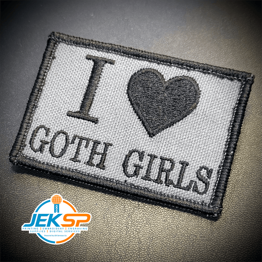 Front view of I Love Goth Girls patch in gray with a black heart and lettering