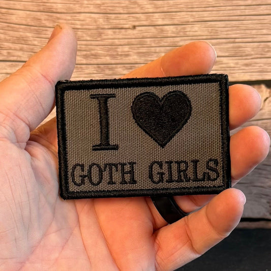 I Love Goth Girls Funny Morale Patch, 2x3" | Made in USA | VELCRO® Brand Hook Backing - LoneStar Adhesive