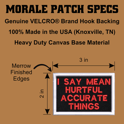 I Say Mean, Hurtful, Accurate Things Funny Morale Patch, 2x3" | Made in USA | VELCRO® Brand Hook Backing - LoneStar Adhesive