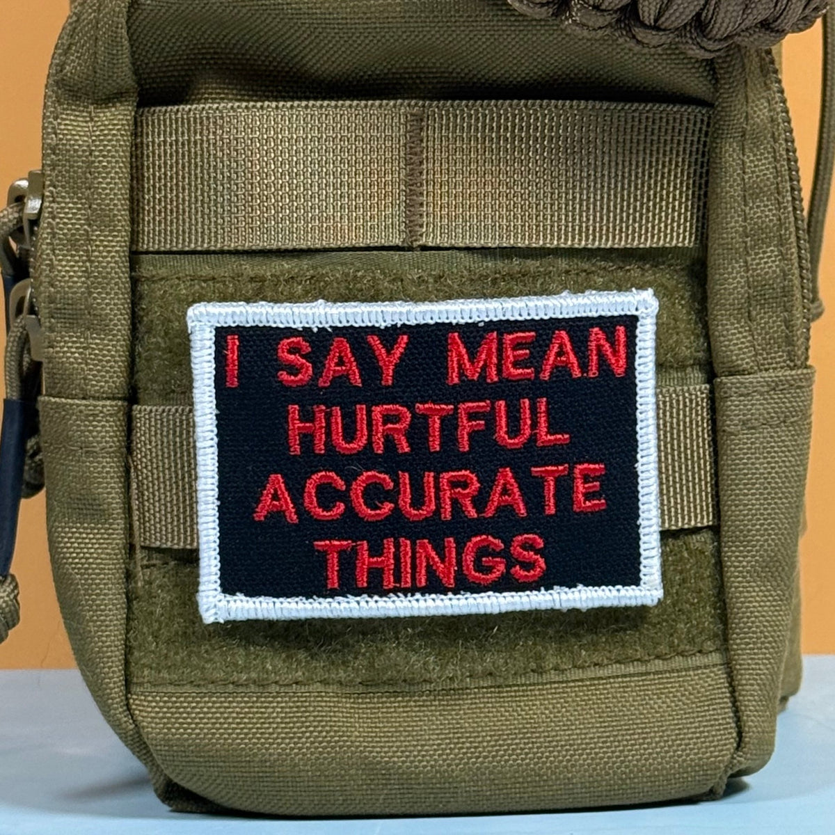 I Say Mean, Hurtful, Accurate Things Funny Morale Patch, 2x3" | Made in USA | VELCRO® Brand Hook Backing - LoneStar Adhesive