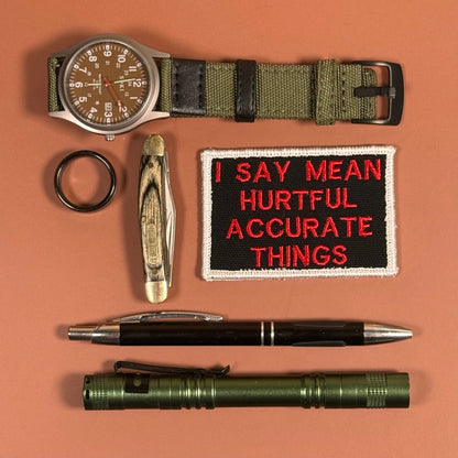I Say Mean, Hurtful, Accurate Things Funny Morale Patch, 2x3" | Made in USA | VELCRO® Brand Hook Backing - LoneStar Adhesive