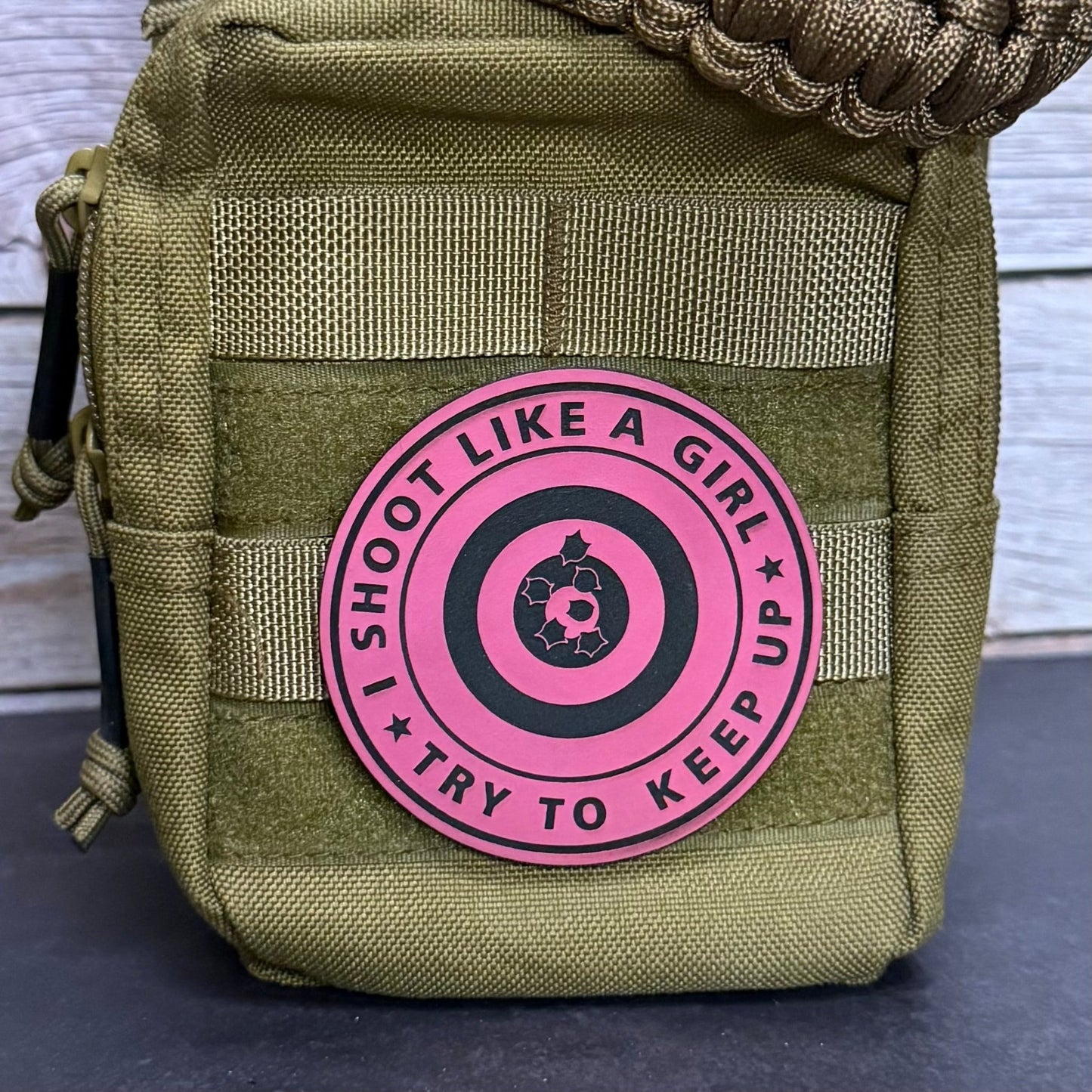 I Shoot Like A Girl Funny Morale Patch 3" Round Hook & Loop | Made in USA - LoneStar Adhesive