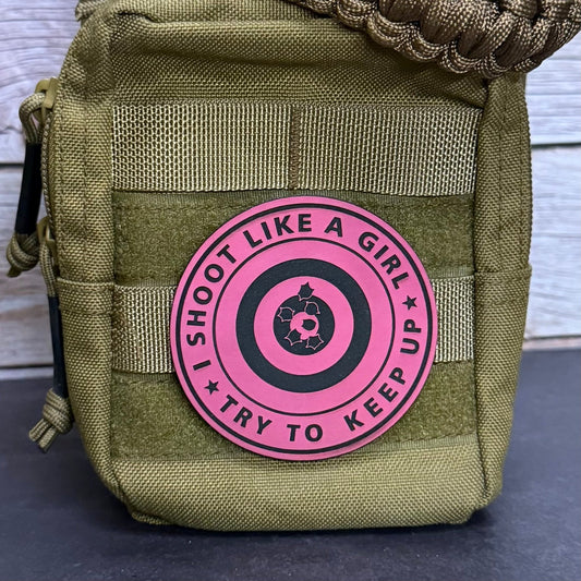 I Shoot Like A Girl Funny Morale Patch 3" Round Hook & Loop | Made in USA - LoneStar Adhesive