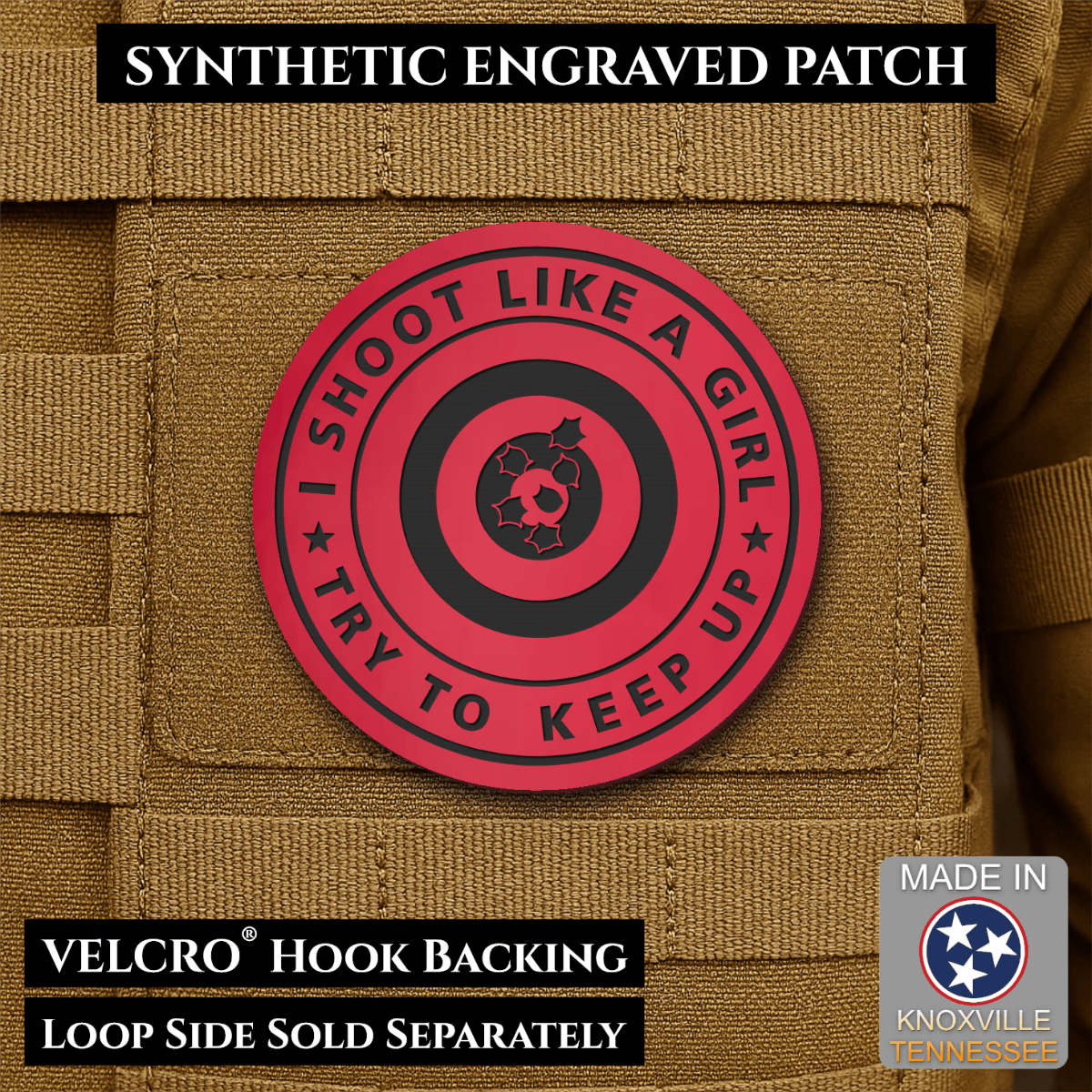 I Shoot Like A Girl Funny Morale Patch, 3" Round | Made in USA | VELCRO® Brand Hook Backing - LoneStar Adhesive