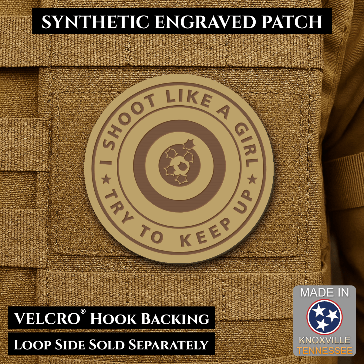 I Shoot Like A Girl Funny Morale Patch, 3" Round | Made in USA | VELCRO® Brand Hook Backing - LoneStar Adhesive
