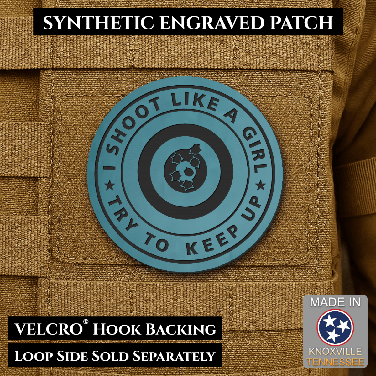 I Shoot Like A Girl Funny Morale Patch, 3" Round | Made in USA | VELCRO® Brand Hook Backing - LoneStar Adhesive