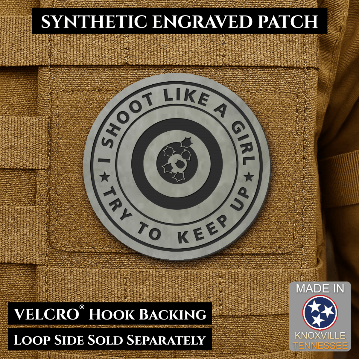 I Shoot Like A Girl Funny Morale Patch, 3" Round | Made in USA | VELCRO® Brand Hook Backing - LoneStar Adhesive