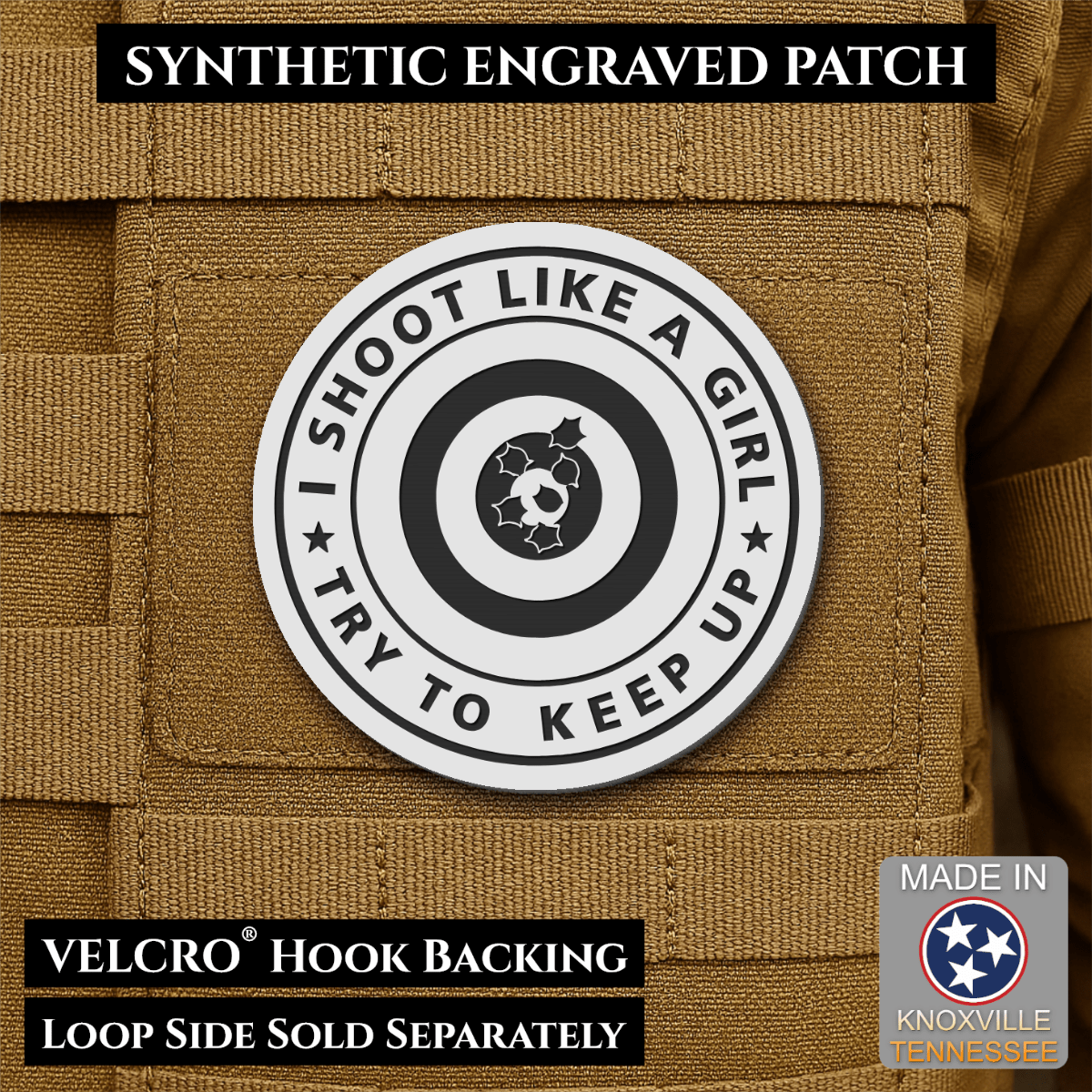 I Shoot Like A Girl Funny Morale Patch, 3" Round | Made in USA | VELCRO® Brand Hook Backing - LoneStar Adhesive