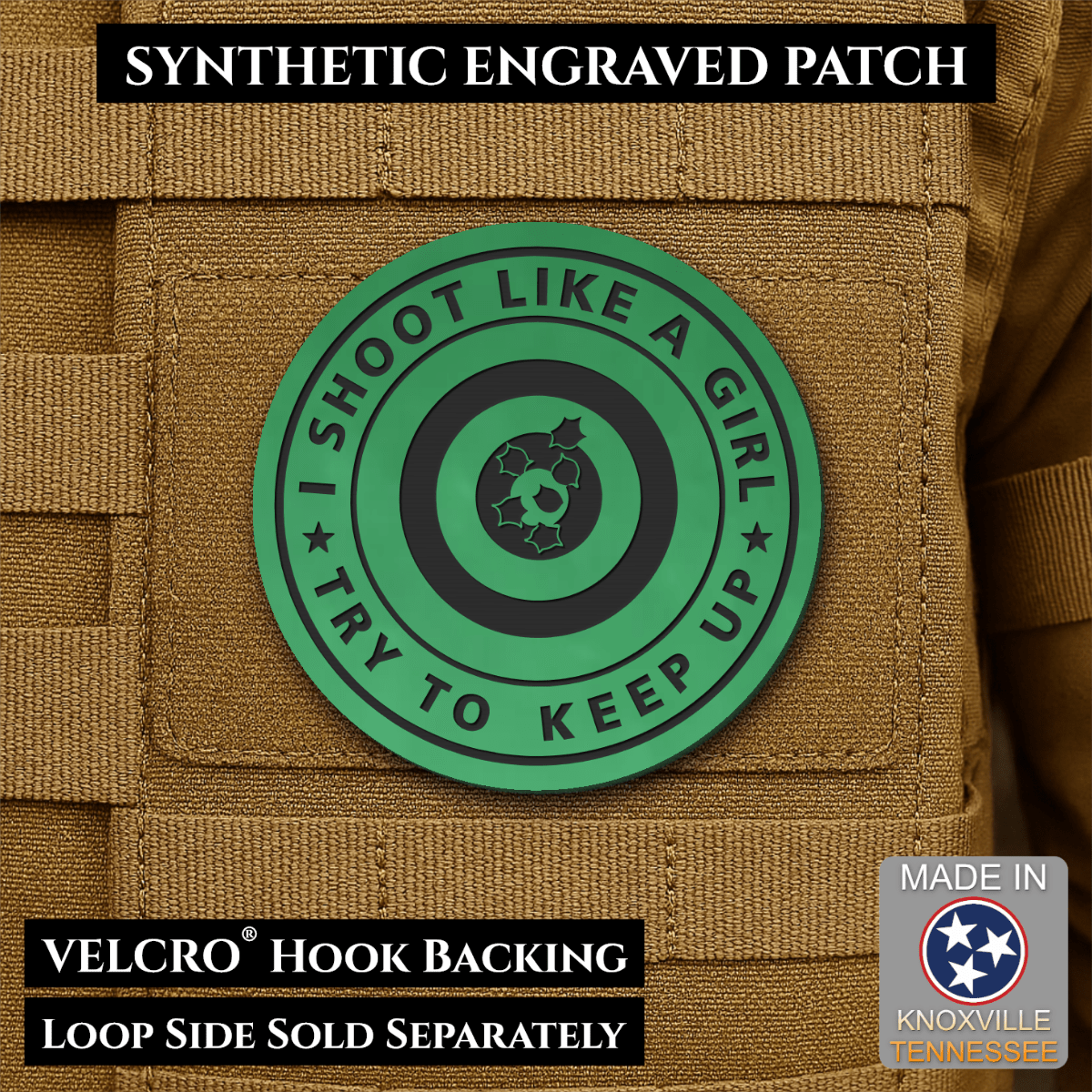 I Shoot Like A Girl Funny Morale Patch, 3" Round | Made in USA | VELCRO® Brand Hook Backing - LoneStar Adhesive