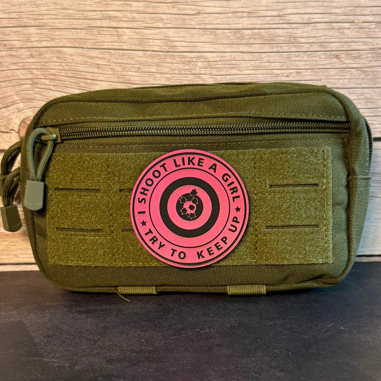 I Shoot Like A Girl Funny Morale Patch, 3" Round | Made in USA | VELCRO® Brand Hook Backing - LoneStar Adhesive