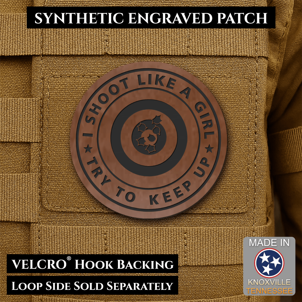 I Shoot Like A Girl Funny Morale Patch, 3" Round | Made in USA | VELCRO® Brand Hook Backing - LoneStar Adhesive