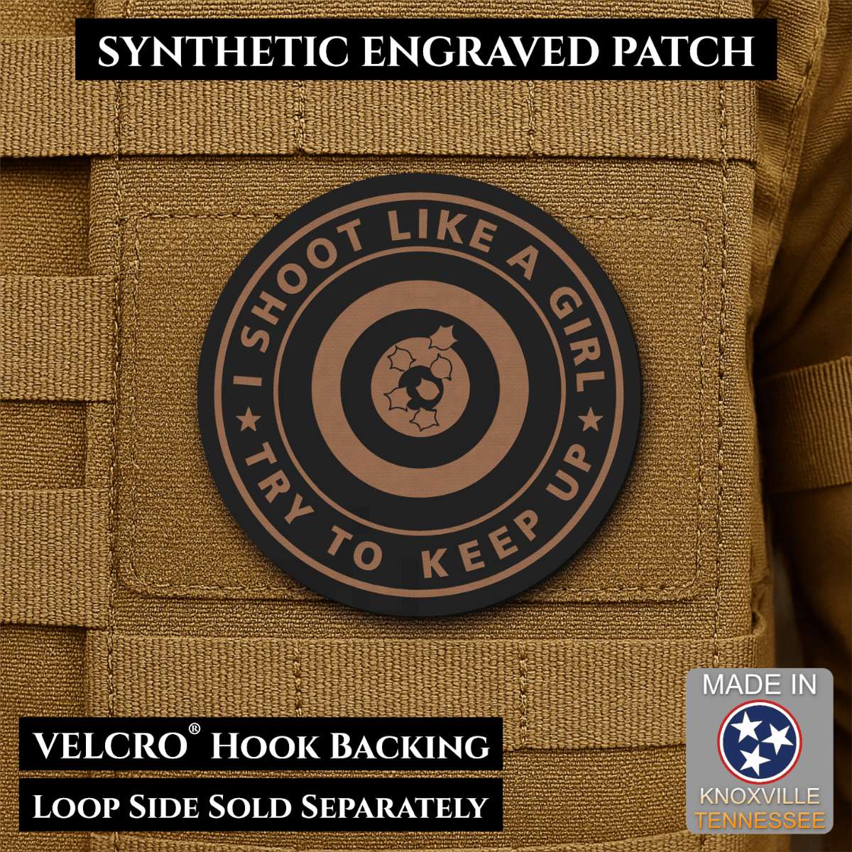 I Shoot Like A Girl Funny Morale Patch, 3" Round | Made in USA | VELCRO® Brand Hook Backing - LoneStar Adhesive