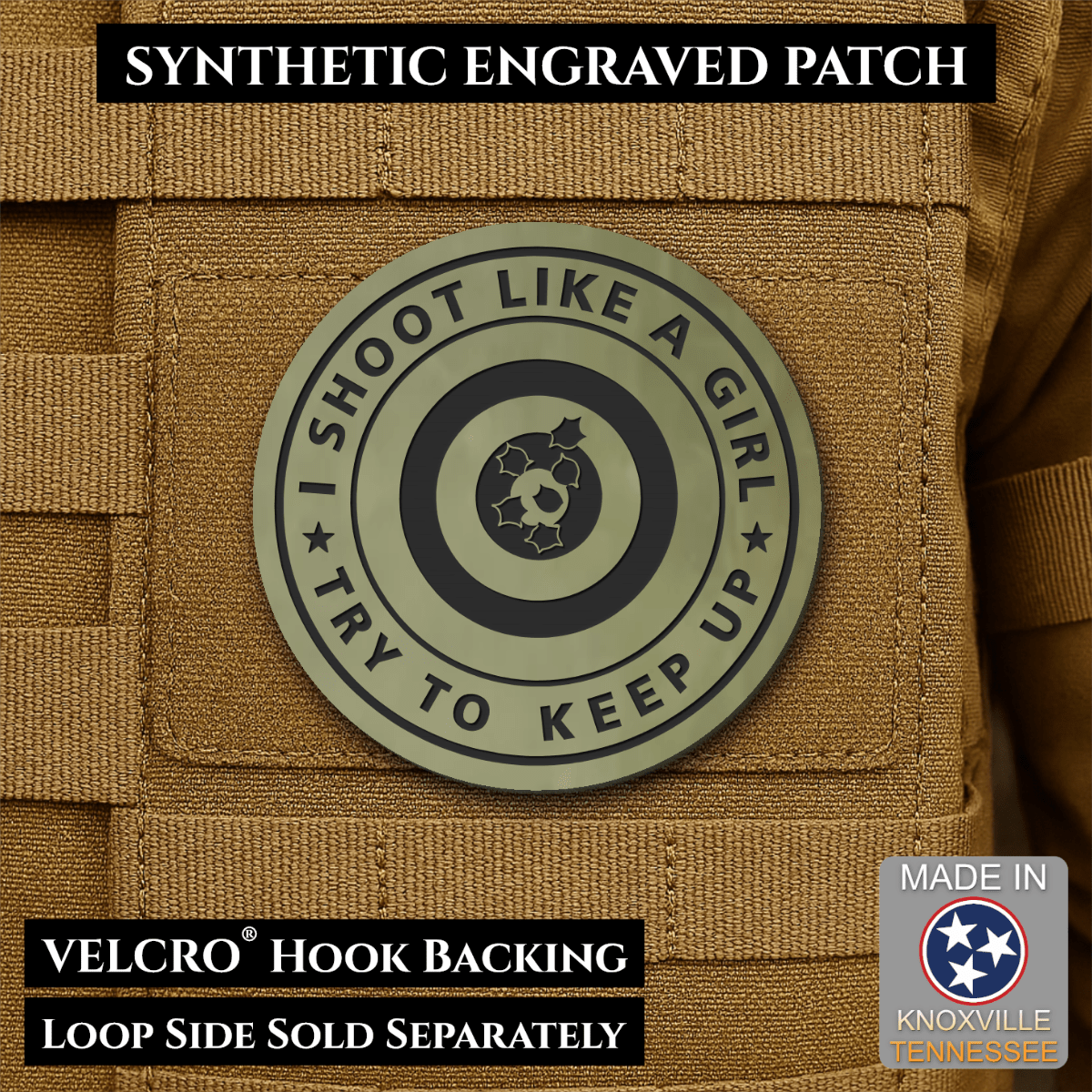 I Shoot Like A Girl Funny Morale Patch, 3" Round | Made in USA | VELCRO® Brand Hook Backing - LoneStar Adhesive