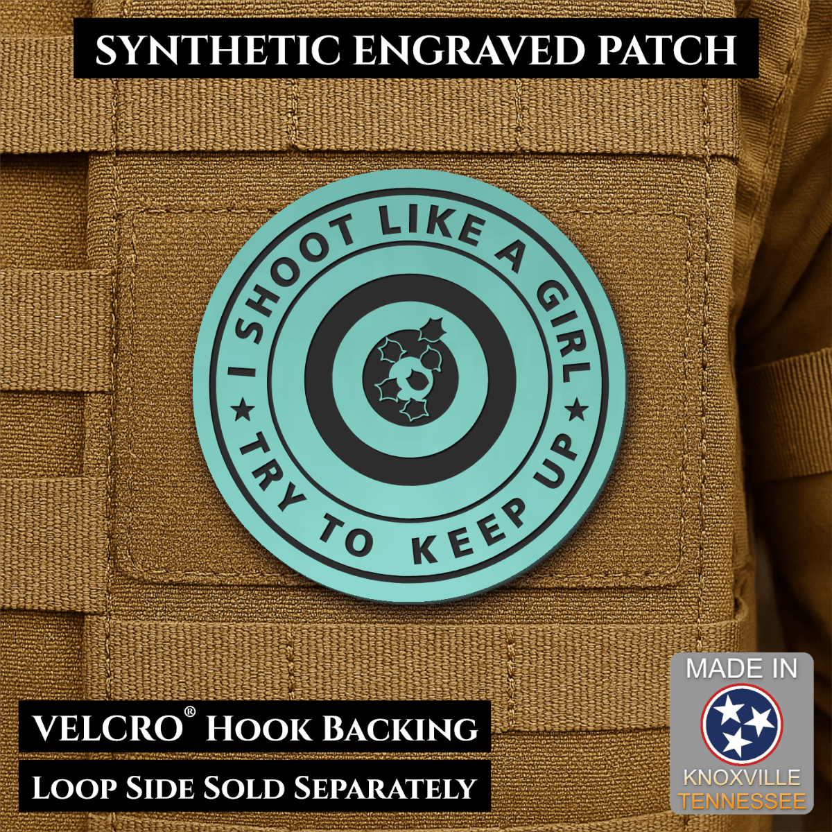 I Shoot Like A Girl Funny Morale Patch, 3" Round | Made in USA | VELCRO® Brand Hook Backing - LoneStar Adhesive