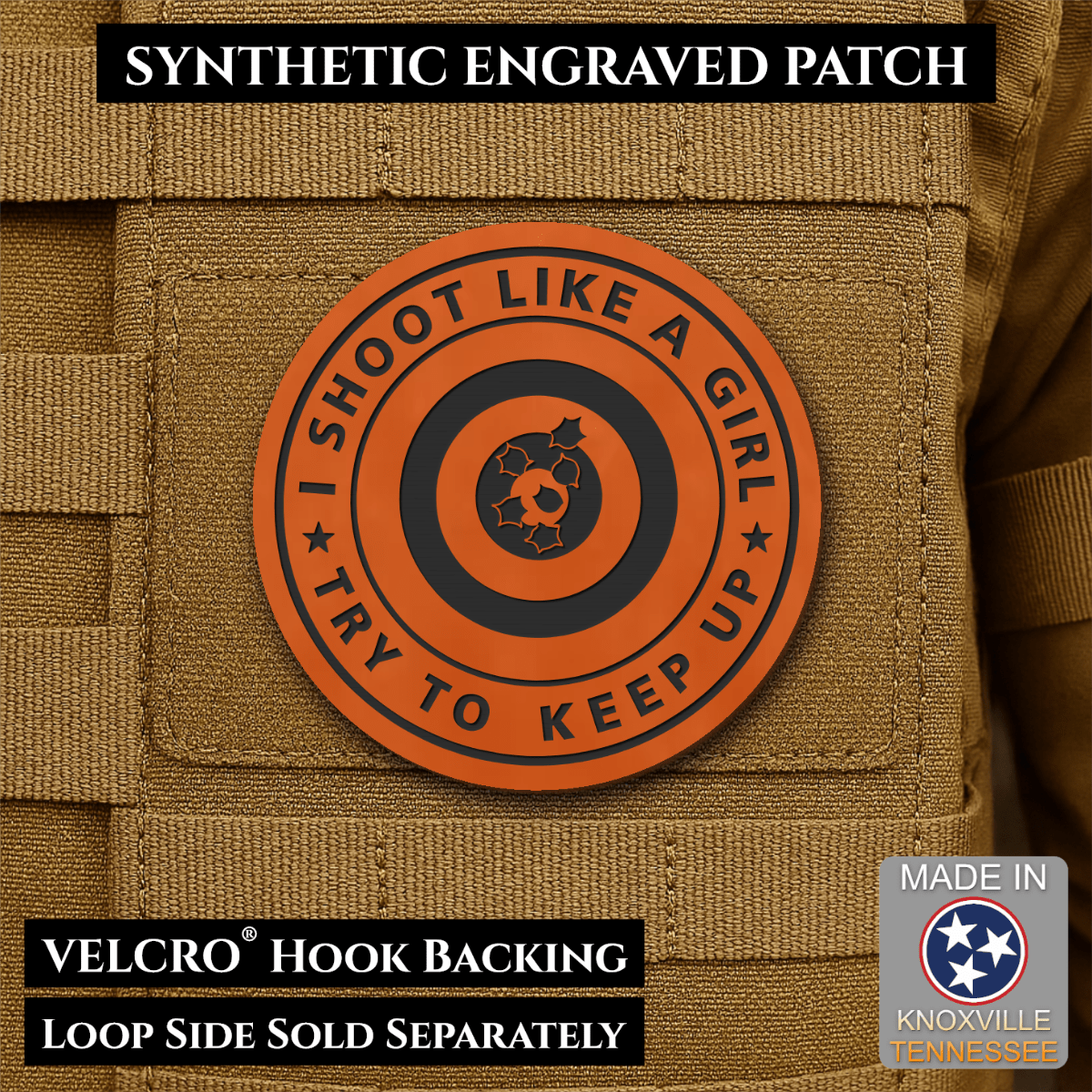 I Shoot Like A Girl Funny Morale Patch, 3" Round | Made in USA | VELCRO® Brand Hook Backing - LoneStar Adhesive