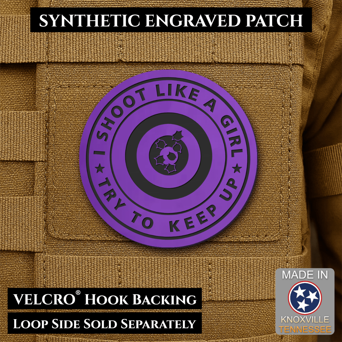 I Shoot Like A Girl Funny Morale Patch, 3" Round | Made in USA | VELCRO® Brand Hook Backing - LoneStar Adhesive