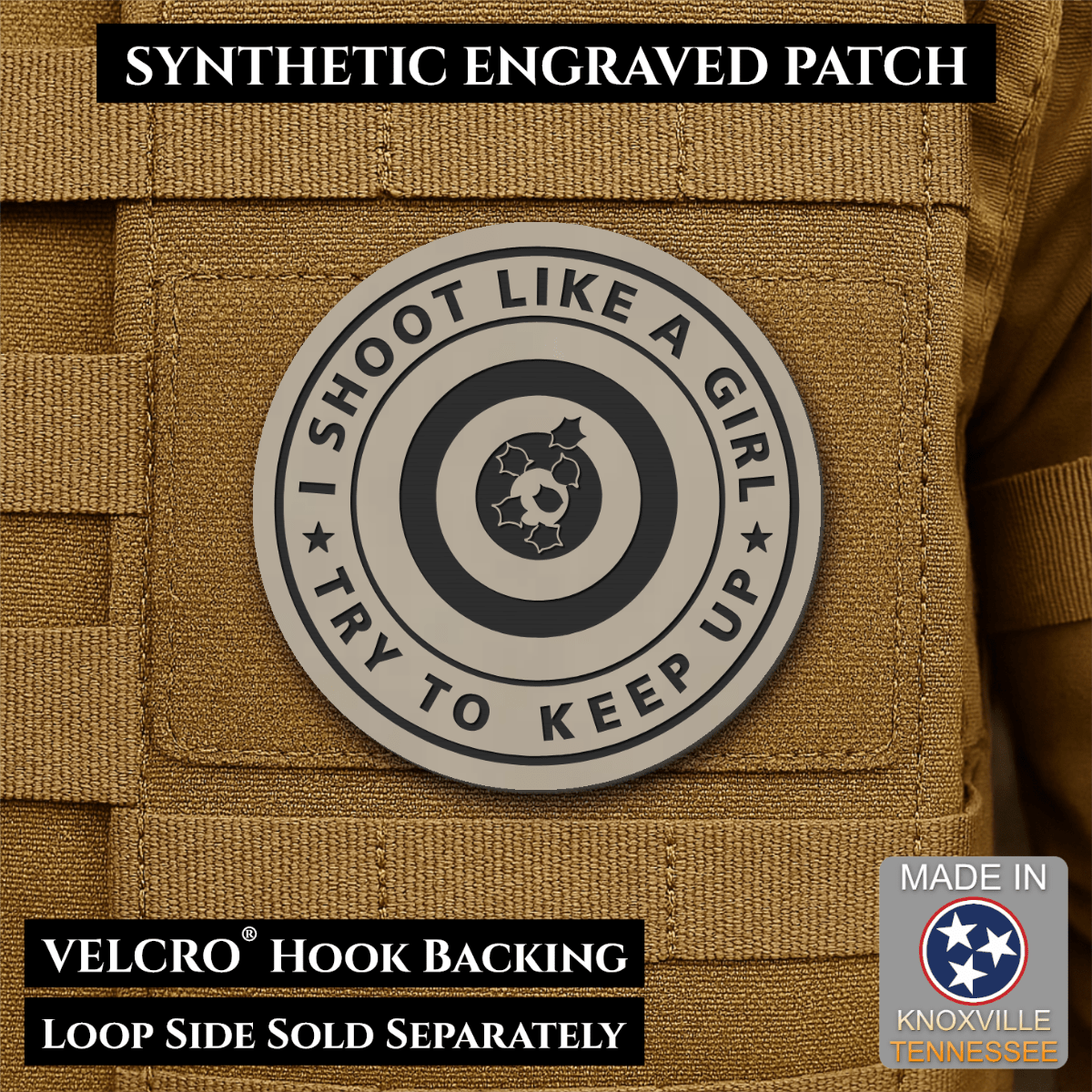 I Shoot Like A Girl Funny Morale Patch, 3" Round | Made in USA | VELCRO® Brand Hook Backing - LoneStar Adhesive
