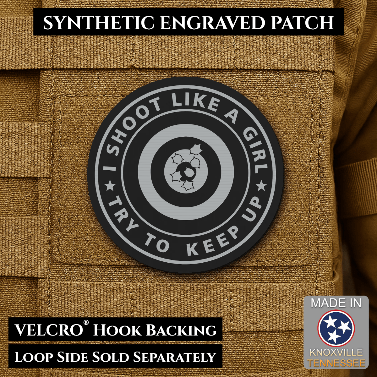 I Shoot Like A Girl Funny Morale Patch, 3" Round | Made in USA | VELCRO® Brand Hook Backing - LoneStar Adhesive