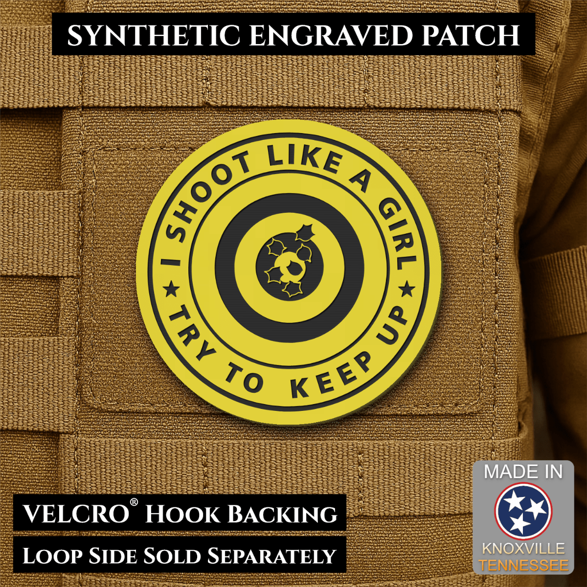 I Shoot Like A Girl Funny Morale Patch, 3" Round | Made in USA | VELCRO® Brand Hook Backing - LoneStar Adhesive