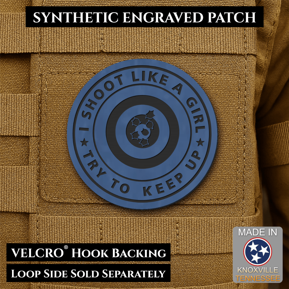 I Shoot Like A Girl Funny Morale Patch, 3" Round | Made in USA | VELCRO® Brand Hook Backing - LoneStar Adhesive