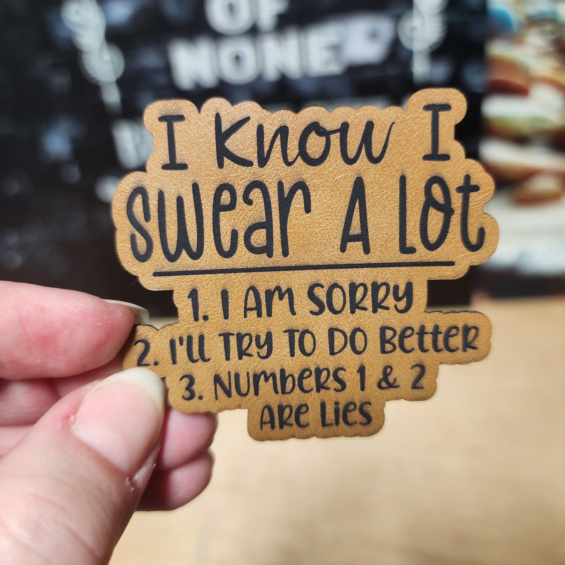 I Swear A Lot (Saddle Tan) Engraved Leatherette Hat Patch - MR01 - LoneStar Adhesive