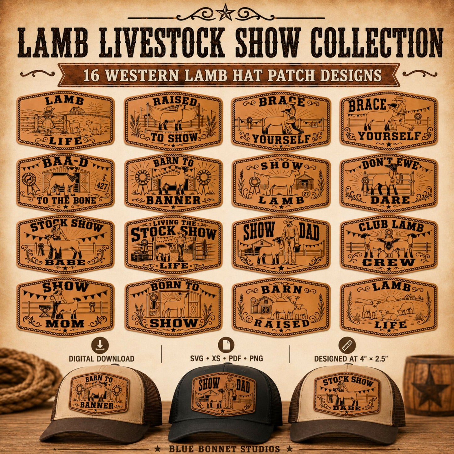 Lamb Livestock Show Hat Patch SVG Bundle, 16 Western Sheep Designs, Laser Engraving Files, XS PNG PDF