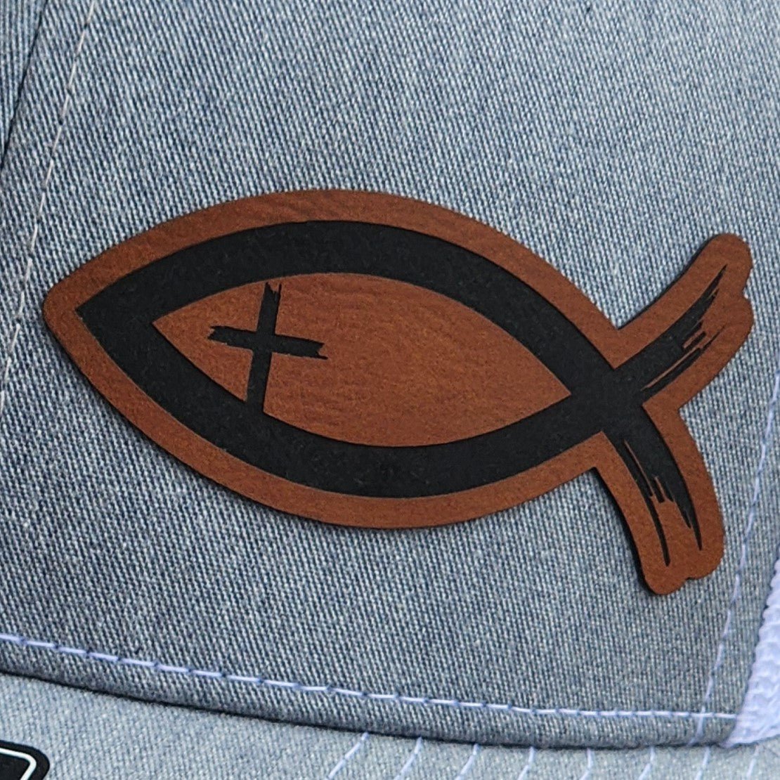 Ichthus Fish Engraved Leatherette Hat Patch - MR01 - LoneStar Adhesive