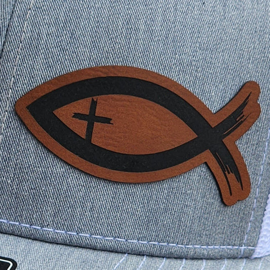 Ichthus Fish Engraved Leatherette Hat Patch - MR01 - LoneStar Adhesive
