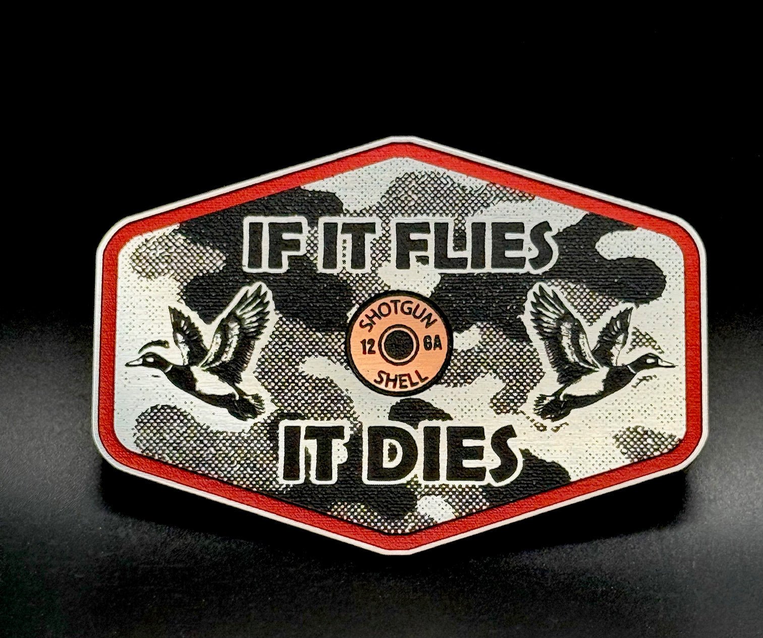 If It Flies Acrylic Hat Patch Linen Camo Design with Copper Acrylic Insert - 2 Pieces - 4 Colors Available - LoneStar Adhesive