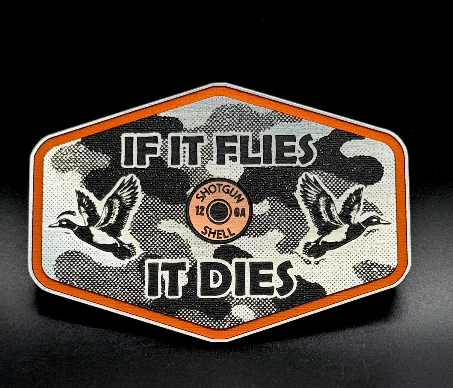 If It Flies Acrylic Hat Patch Linen Camo Design with Copper Acrylic Insert - 2 Pieces - 4 Colors Available - LoneStar Adhesive
