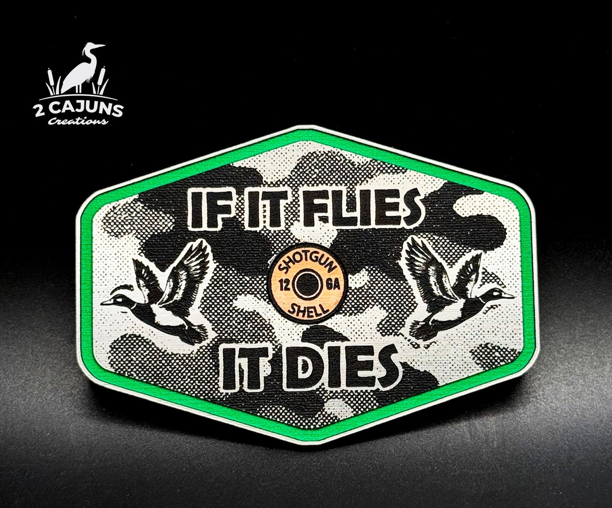 If It Flies Acrylic Hat Patch Linen Camo Design with Copper Acrylic Insert - 2 Pieces - 4 Colors Available - LoneStar Adhesive