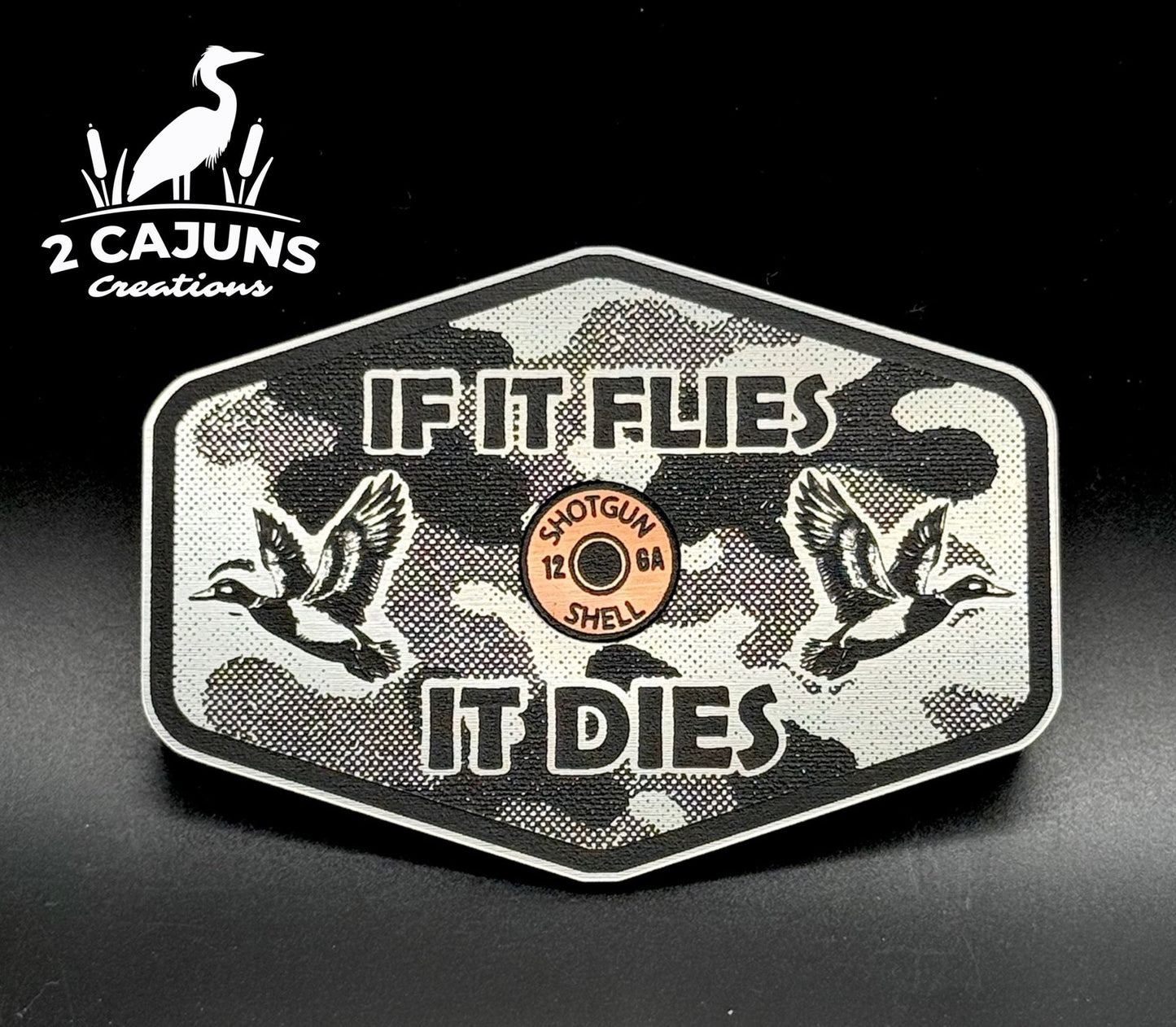 If It Flies Acrylic Hat Patch Linen Camo Design with Copper Acrylic Insert - 2 Pieces - 4 Colors Available - LoneStar Adhesive