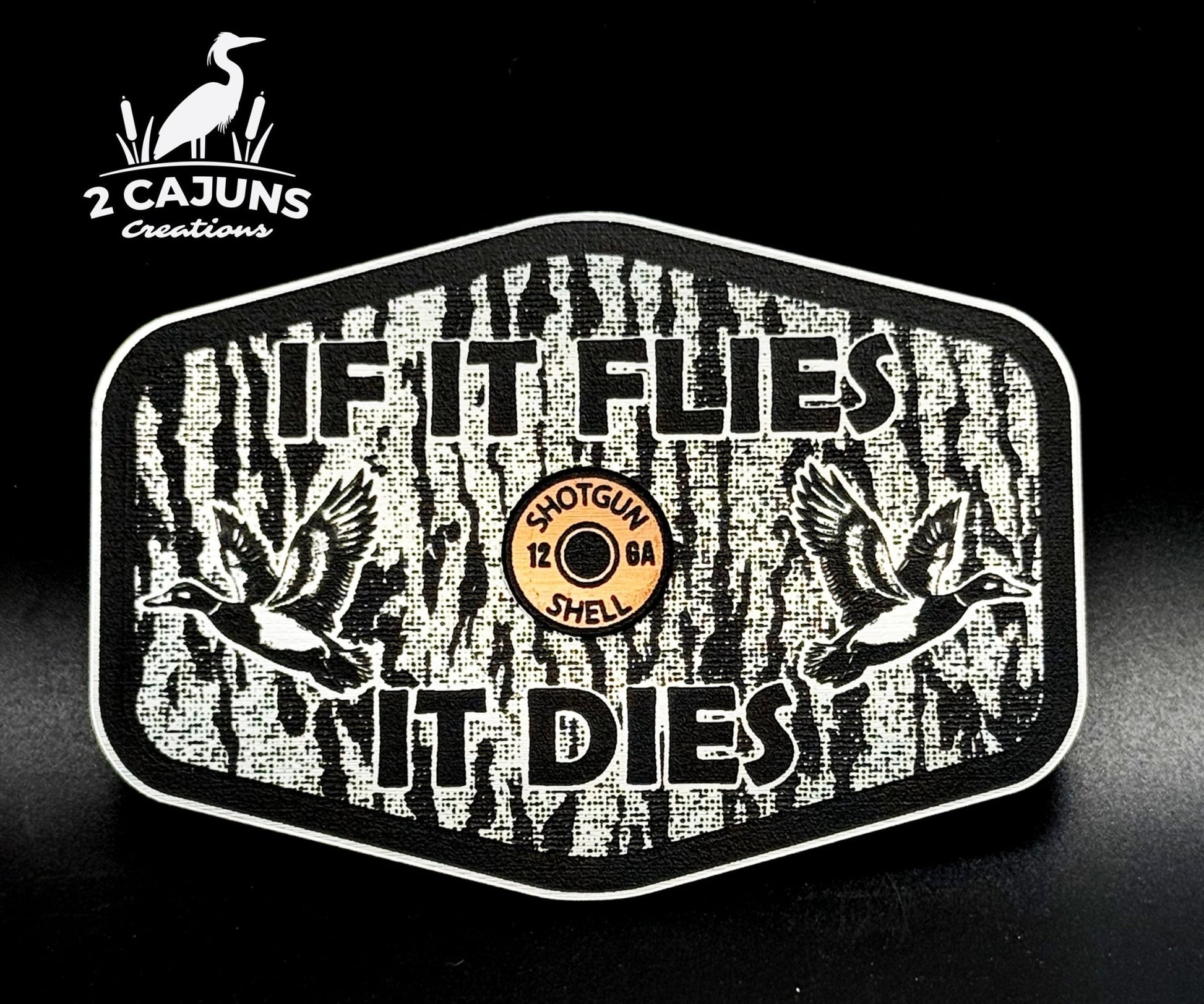 If It Flies Acrylic Hat Patch Tree Bark Design with Copper Acrylic Insert - 2 Pieces - 4 Colors Available - LoneStar Adhesive