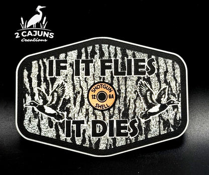 If It Flies Acrylic Hat Patch Tree Bark Design with Copper Acrylic Insert - 2 Pieces - 4 Colors Available - LoneStar Adhesive