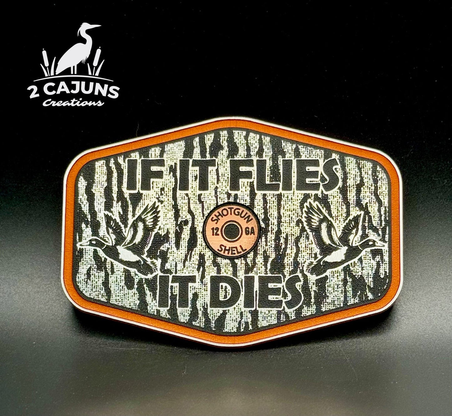 If It Flies Acrylic Hat Patch Tree Bark Design with Copper Acrylic Insert - 2 Pieces - 4 Colors Available - LoneStar Adhesive