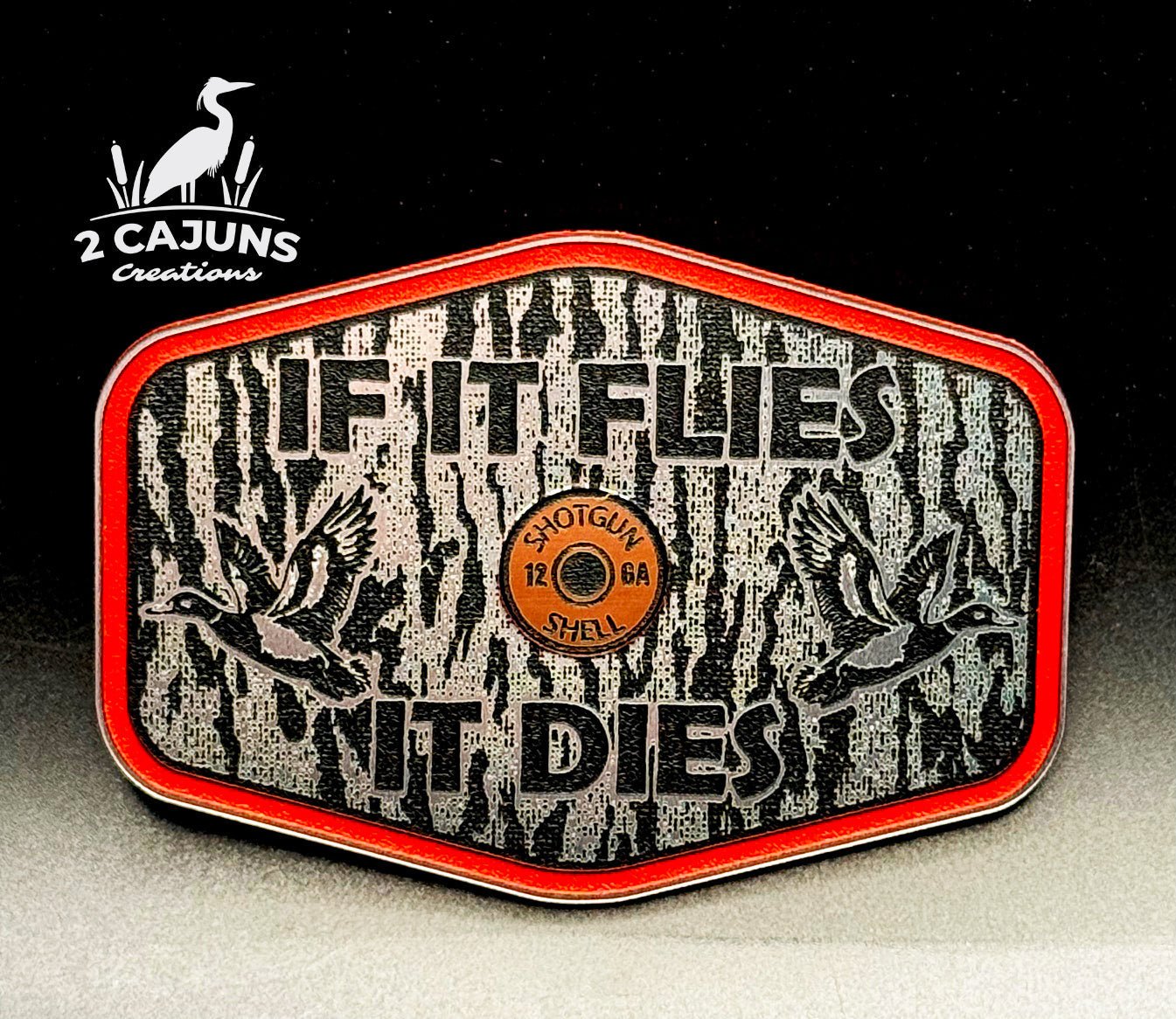 If It Flies Acrylic Hat Patch Tree Bark Design with Copper Acrylic Insert - 2 Pieces - 4 Colors Available - LoneStar Adhesive